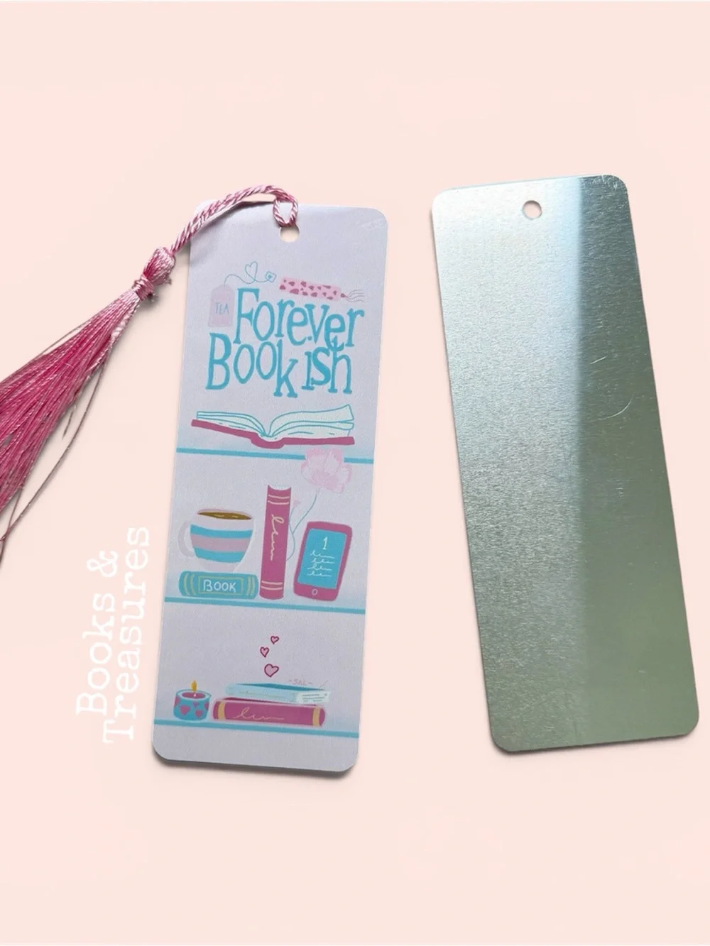 Forever Bookish Pink Bookmark with Tassel Handmade Hand Drawn